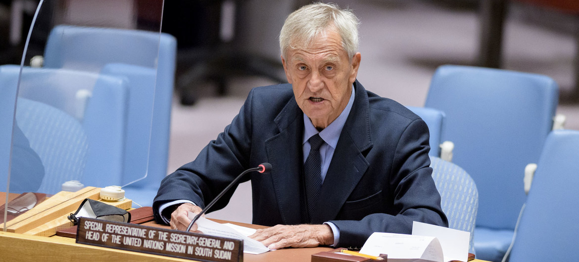 Nicholas Haysom, Représentant spécial du Secrétaire général pour le Soudan du Sud, devant le Conseil de sécurité en juin 2021.